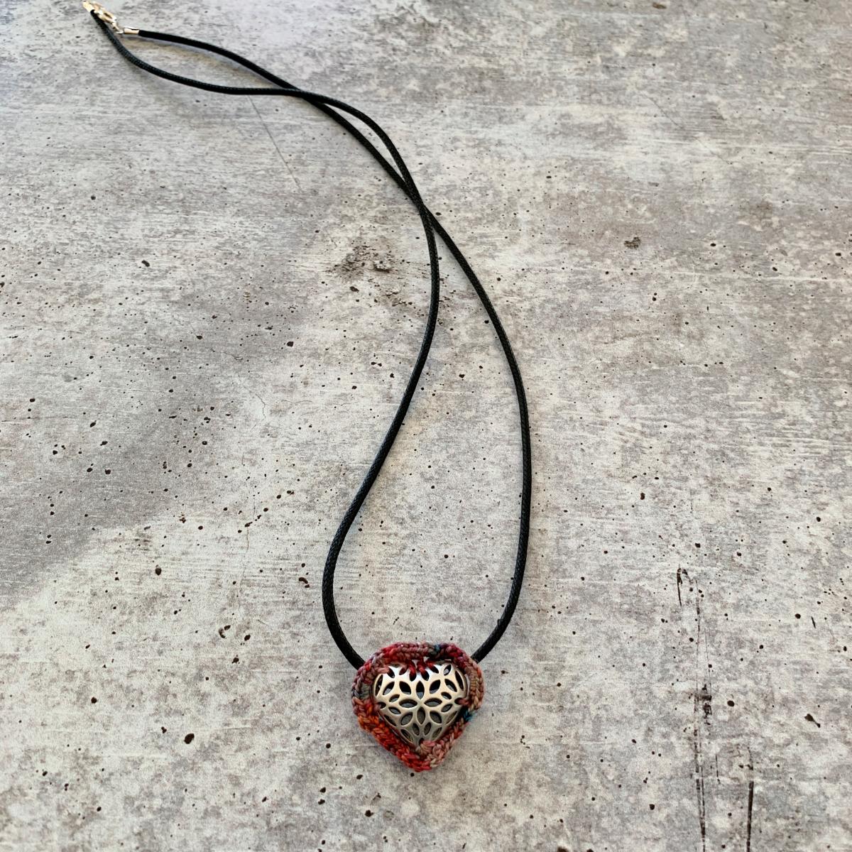 Slider Heart Pendant Necklace - Mixed Media - Antique Silver Filigree Metal Heart - Pink Red Multicolor Fiber - Black Waxed Cotton Cord - 23 inch picture
