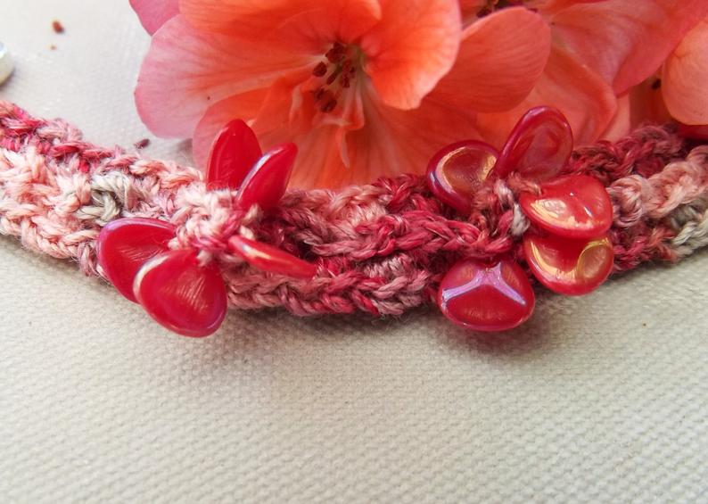 Bright Blossoms Crochet Beaded Bracelet - Adjustable Size - Reds, Peach, Beige - One of a Kind - Silver Clasp picture