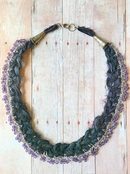 Recycled Sari Silk Necklace - Eggplant Purple - Hand Crochet - Lavender Glass Beads - One of a Kind picture