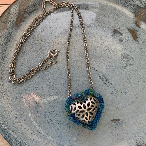 Slider Heart Pendant Necklace - Mixed Media - Antique Silver Filigree Metal Heart - Blue Green Multicolor Fiber - Matte Antique Silver Chain - 19 inch