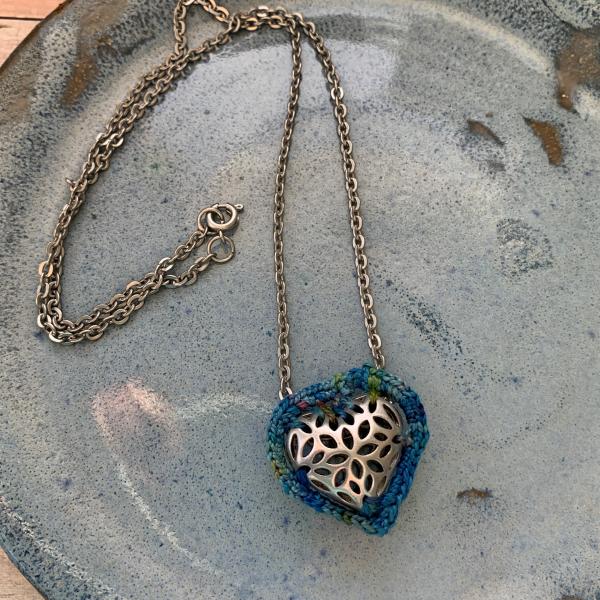 Slider Heart Pendant Necklace - Mixed Media - Antique Silver Filigree Metal Heart - Blue Green Multicolor Fiber - Matte Antique Silver Chain - 19 inch picture