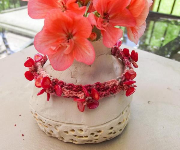 Bright Blossoms Crochet Beaded Bracelet - Adjustable Size - Reds, Peach, Beige - One of a Kind - Silver Clasp picture