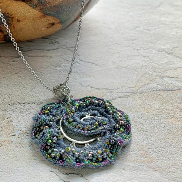 Spiral Swirl Pendant Necklace - Mixed Media - Metal Fiber Glass - Gray Silver Iridescent Vitrail - Crochet - Adjustable Length 20-22 inches - OOAK picture