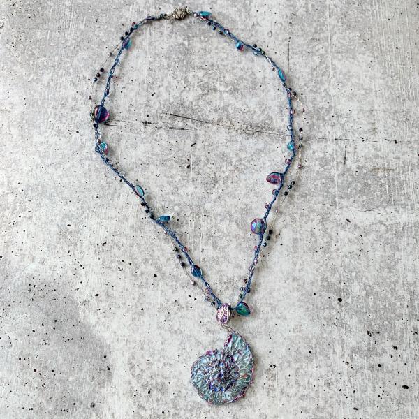 Swirl Spiral Ammonite Pendant Necklace - Multi Strand - Blue Purple Silver - Mixed Media - Crochet Glass Beads Paper Wire - One of a Kind picture