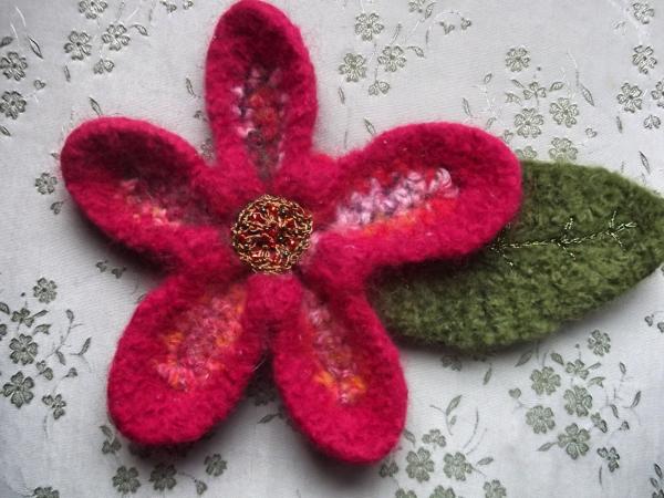 Bold and Beautiful Crocheted Felted Flower Brooch Pin - Red Gold Green picture