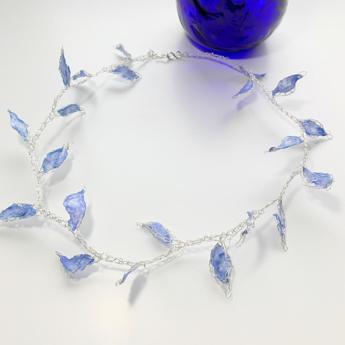 Moonlit Leaves Mixed Media Necklace - Blue Purple Periwinkle - Crochet Silver Wire - Glass Like Paper Fiber Leaves - 19 inches - OOAK picture