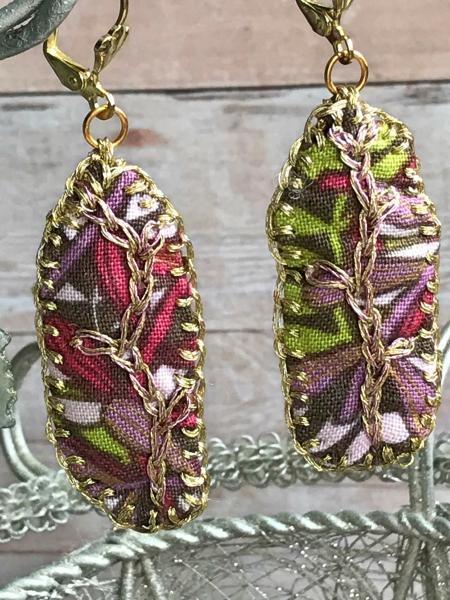 Hand Sewn and Embroidered Fabric Drop Earrings - Vine - Brown, Lavender, Pink, Spring Green, Magenta, Gold - Nickel Free Gold Lever Back picture