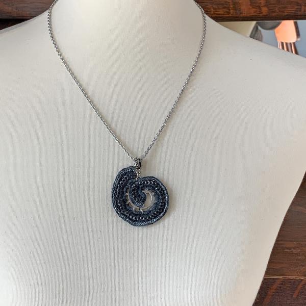 Rings Around the Spiral Pendant - Mixed Media Necklace - Metal Fiber Glass - Gray Black Silver - Silver Chain - 20 inches - One of a Kind picture