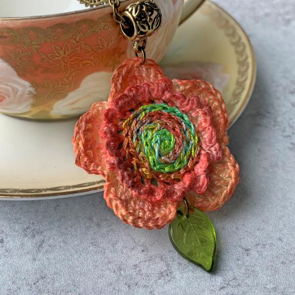 Melon Coral Green Mixed Media Flower Pendant - Hand-Painted - Hand Crochet - Embroidery - Glass Leaf - 24 inch Antique Brass Chain - OOAK picture