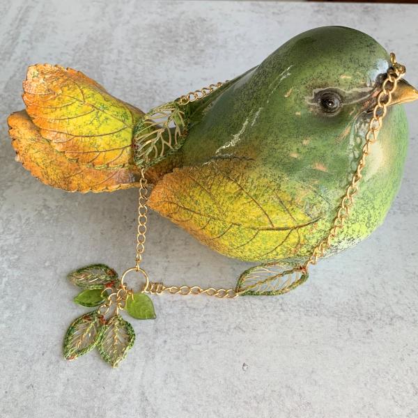 Green Gold Leaves Necklace - Mixed Media - Metal Fiber Glass - Crochet Embroidery - One of a Kind picture