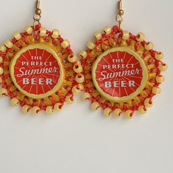 Upcycled Bottle Cap Crochet Beaded Earrings - Leinenkugel Summer Shandy - Maize and Blue picture