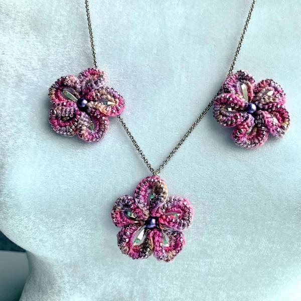 Cherry Blossoms Necklace - Mixed Media - Pink/Purple - 3 Crochet Embellished Silver Metal Flowers - Hand Dyed Cotton Thread - Glass Beads picture