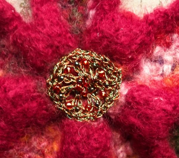 Bold and Beautiful Crocheted Felted Flower Brooch Pin - Red Gold Green picture