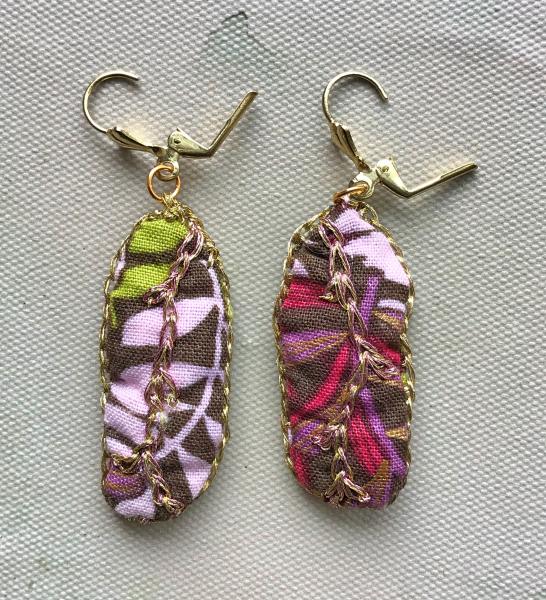 Hand Sewn and Embroidered Fabric Drop Earrings - Vine - Brown, Lavender, Pink, Spring Green, Magenta, Gold - Nickel Free Gold Lever Back picture