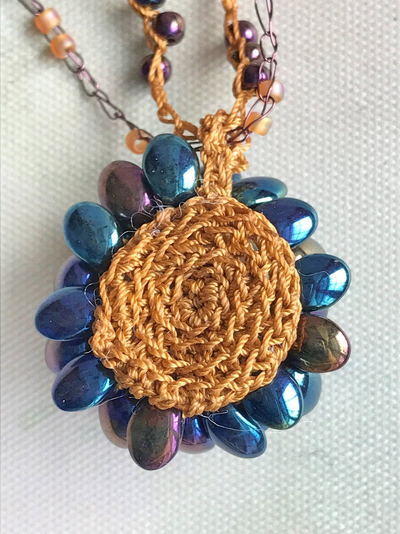 Beaded Crochet Flower Pendant Necklace in Iridescent Purple Indigo and Gold - Leaf Clasp - Czech Glass Beads - Double Strand - One of a Kind picture
