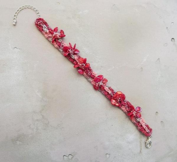 Bright Blossoms Crochet Beaded Bracelet - Adjustable Size - Reds, Peach, Beige - One of a Kind - Silver Clasp picture