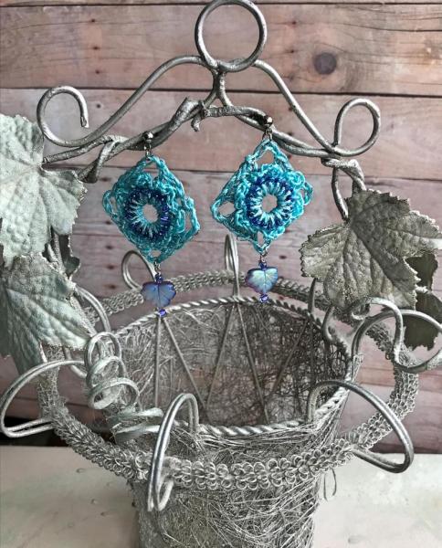 Tranquil Borders Hand Crochet Wire and Fiber Drop Pierced Earrings - Aqua and Amethyst - Glass Beads - One of a Kind - Nickel Free Posts picture