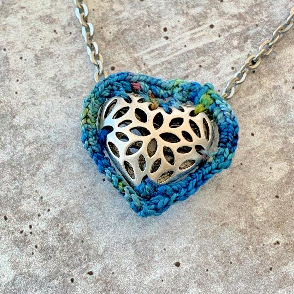 Slider Heart Pendant Necklace - Mixed Media - Antique Silver Filigree Metal Heart - Blue Green Multicolor Fiber - Matte Antique Silver Chain - 19 inch picture