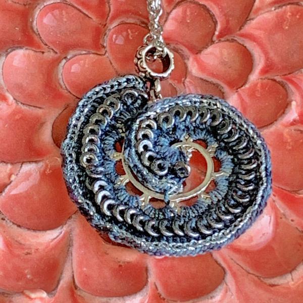 Rings Around the Spiral Pendant - Mixed Media Necklace - Metal Fiber Glass - Gray Black Silver - Silver Chain - 20 inches - One of a Kind picture