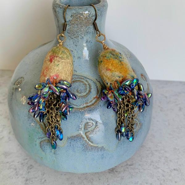 Carnivale Drop Dangle Earrings - Mixed Media - Multi Color Silk Cocoons - Brass Chain - Iridescent Blue Iris Glass Beads - Hook Earring Wires picture