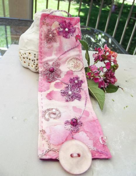 Cherry Blossom Cuff - Cotton with Wire, Thread, and Bead Embroidery Embellishment - One of a Kind