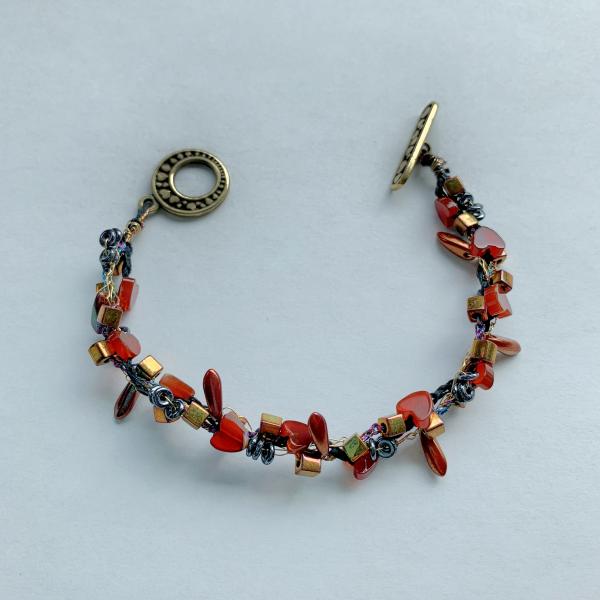 Gossamer Tangles Signature Bracelet - Mixed Media - 3 Braided Strands - Wire Fiber Glass - Red Carnelian Hearts - Antique Brass Hearts Toggle Clasp picture