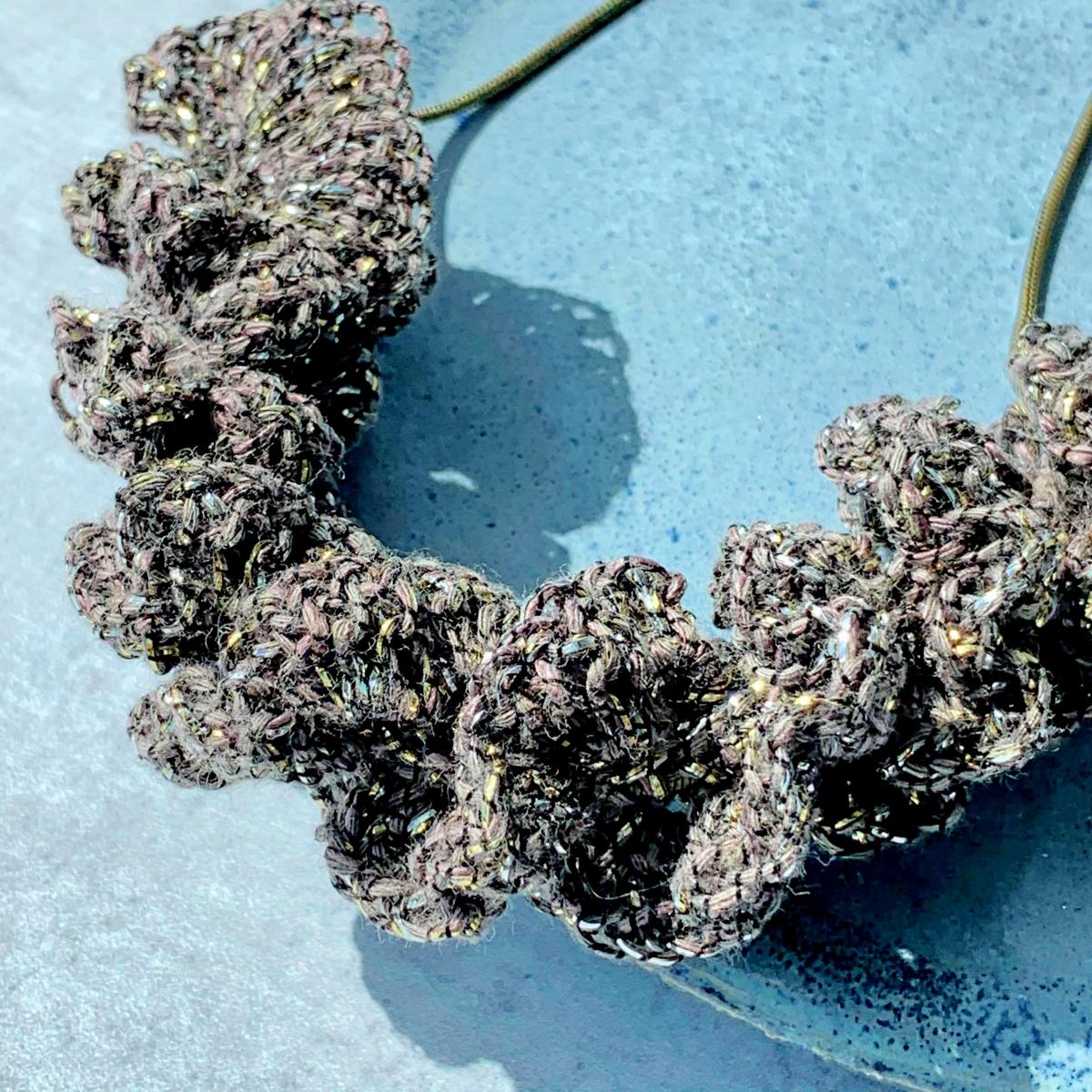 Sparkling Spiral Ruffle Necklace - Taupe Black Silver Gold - Cotton Linen Metallic Blend Thread - Antique Brass Snake Chain - One of a Kind picture