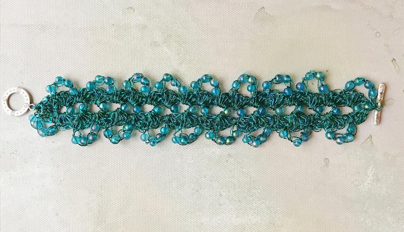 Crochet Beaded Wire and Fiber Lacy Cuff Bracelet with Glass Beads - Aqua, Turquoise, Teal - 7 1/2 inches long, 1 1/2 inches wide picture