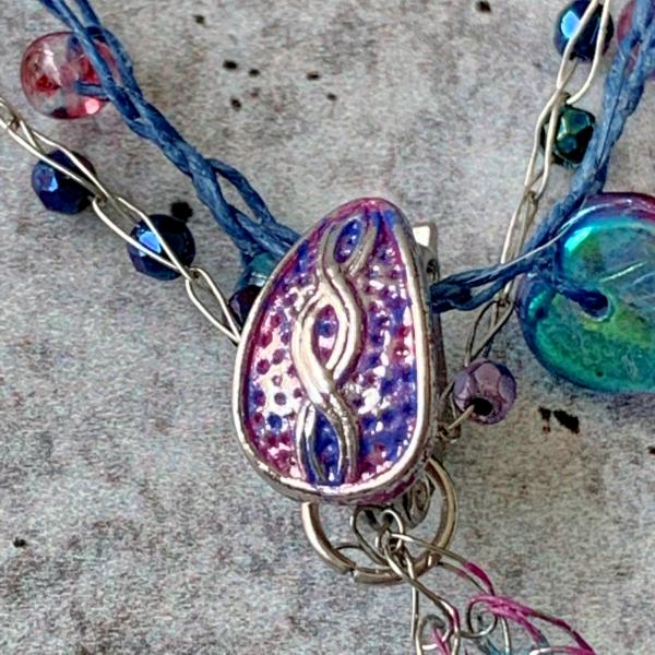 Swirl Spiral Ammonite Pendant Necklace - Multi Strand - Blue Purple Silver - Mixed Media - Crochet Glass Beads Paper Wire - One of a Kind picture