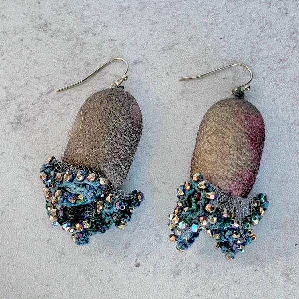 Renoir Dancers Mixed Media Earrings - Silk Cocoons, Tulle, Glass Beads - Hand-Dyed Thread - Charcoal Gray, Violet, Blues, Iridescent Metallics picture