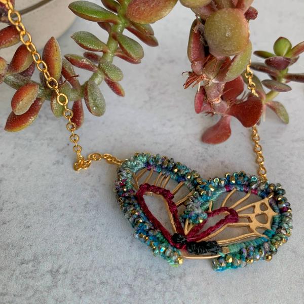 Butterfly Wing Necklace - Mixed Media - Gold Chain - Fiber Metal Glass - Blue Green Teal Garnet Black - Iridescent Glass Beads - Crochet Embroidery picture