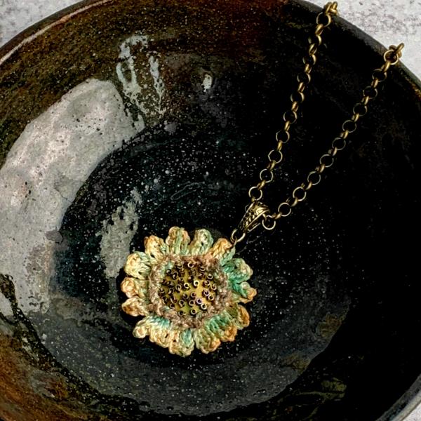 Hand Painted Flower Pendant - Mixed Media - Crochet and Bead Embellished - Tan Beige Green - 18" Adjustable Brass Chain - One of a Kind picture