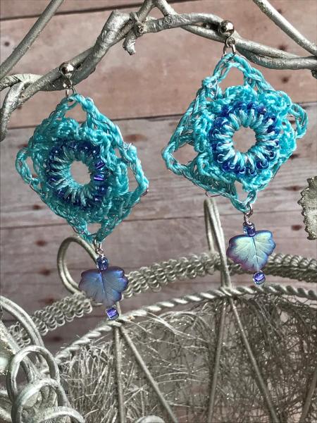 Tranquil Borders Hand Crochet Wire and Fiber Drop Pierced Earrings - Aqua and Amethyst - Glass Beads - One of a Kind - Nickel Free Posts