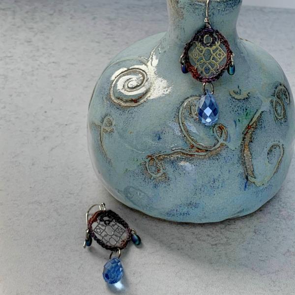 Modern Silver Filigree Mixed Media Earrings - Fiber Metal Glass - Blue Crystal Drops - Crochet - Glass Beads - Mauve Slate - OOAK picture