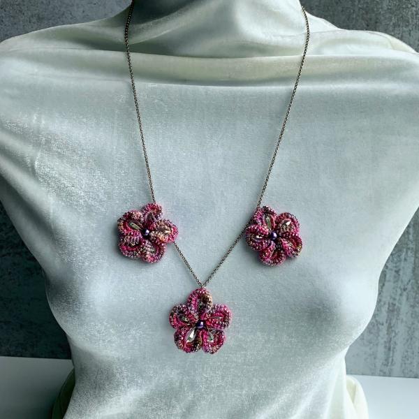 Cherry Blossoms Necklace - Mixed Media - Pink/Purple - 3 Crochet Embellished Silver Metal Flowers - Hand Dyed Cotton Thread - Glass Beads picture