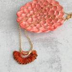 Fire Crescent Mixed Media Necklace - Fiber Metal Glass - Orange Red Gold - Hand-Crochet and Glass Bead Embellishments - Gold Chain - Leaf Toggle Clasp