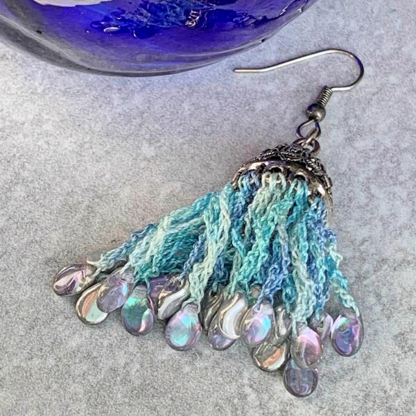 Sky Fringe Earrings - Mixed Media: Metal, Fiber, Glass - Blue Aqua - Iridescent Silver Aqua Rain Drop Glass Beads - Hand-Dyed Cotton Thread - OOAK picture