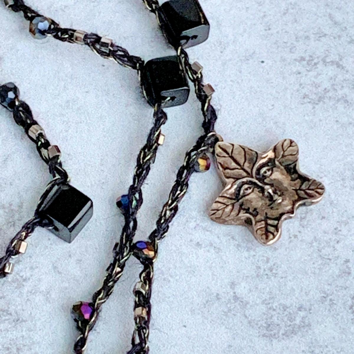 Leaf Goddess Wrap Necklace - Black, Antique Silver, Gunmetal, Gold - Iridescent Glass Beads - Crochet - Loop and Button Close - OOAK picture