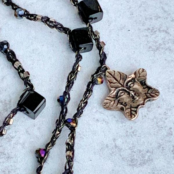 Leaf Goddess Wrap Necklace - Black, Antique Silver, Gunmetal, Gold - Iridescent Glass Beads - Crochet - Loop and Button Close - OOAK picture