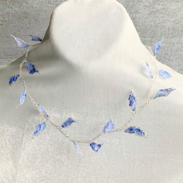 Moonlit Leaves Mixed Media Necklace - Blue Purple Periwinkle - Crochet Silver Wire - Glass Like Paper Fiber Leaves - 19 inches - OOAK picture