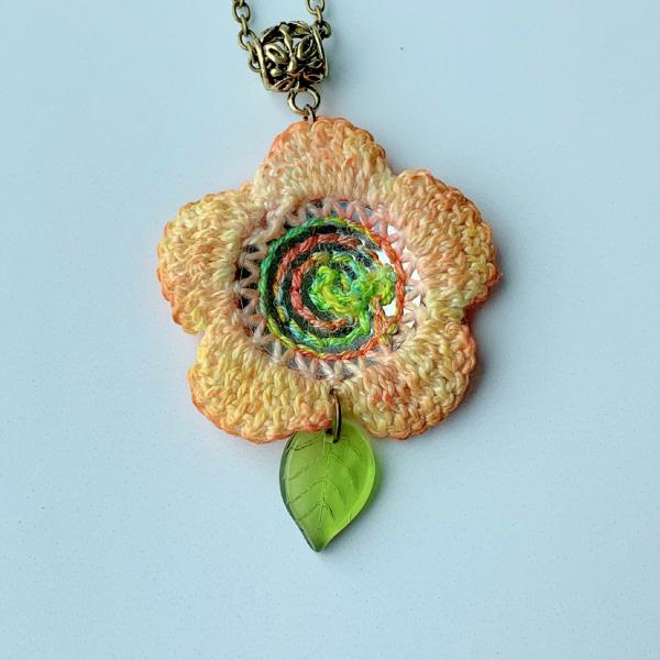 Melon Coral Green Mixed Media Flower Pendant - Hand-Painted - Hand Crochet - Embroidery - Glass Leaf - 24 inch Antique Brass Chain - OOAK picture