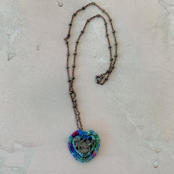 Patinated Brass Filigree Heart Pendant Necklace - Mixed Media - Metal Fiber - Blue Green Multicolor  - 18 inch Oxidized Brass Chain - OOAK picture