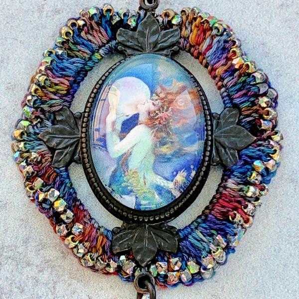 Clive "Mermaid" Vintage Pendant Necklace - Mixed Media - Glass Cabochon - Black Brass Setting and Chain - Multicolor - Beaded Crochet - OOAK picture