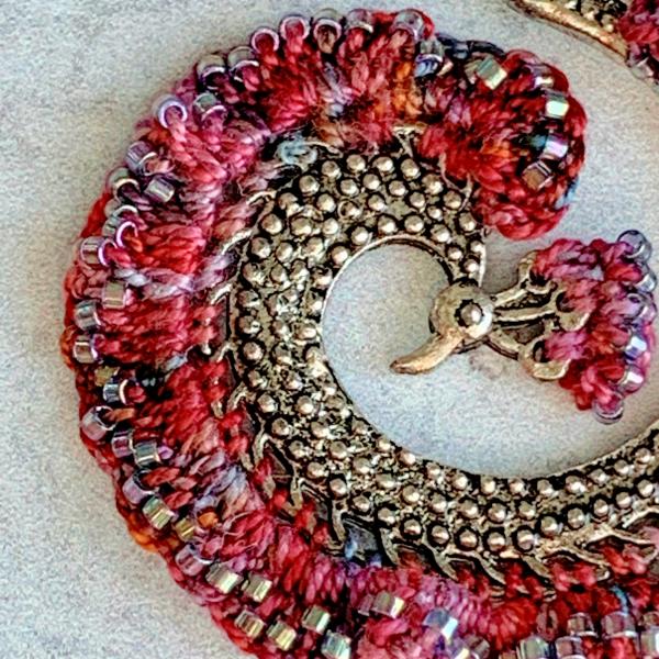 Peacock Spiral Pendant Necklace - Mixed Media - Red Multi Color - Hand-Dyed Fiber, Metal, Glass - Silver Chain - Adjustable 24 - 27 inches - OOAK picture
