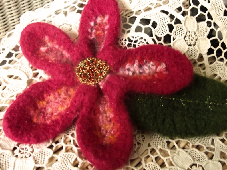 Bold and Beautiful Crocheted Felted Flower Brooch Pin - Red Gold Green picture