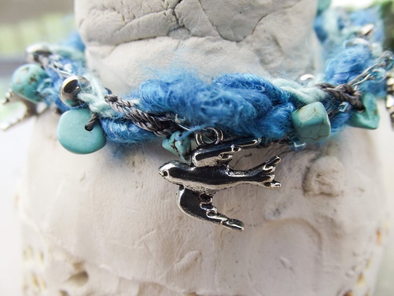 Boho Turquoise Crochet Bracelet with Silver Bird Charms, Button Close - One of a Kind - Fiber, Wire, Natural Turquoise picture