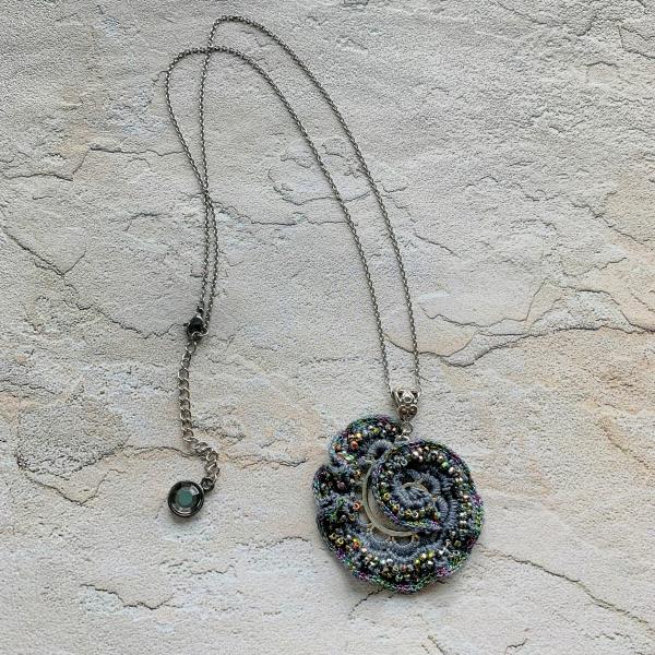 Spiral Swirl Pendant Necklace - Mixed Media - Metal Fiber Glass - Gray Silver Iridescent Vitrail - Crochet - Adjustable Length 20-22 inches - OOAK picture