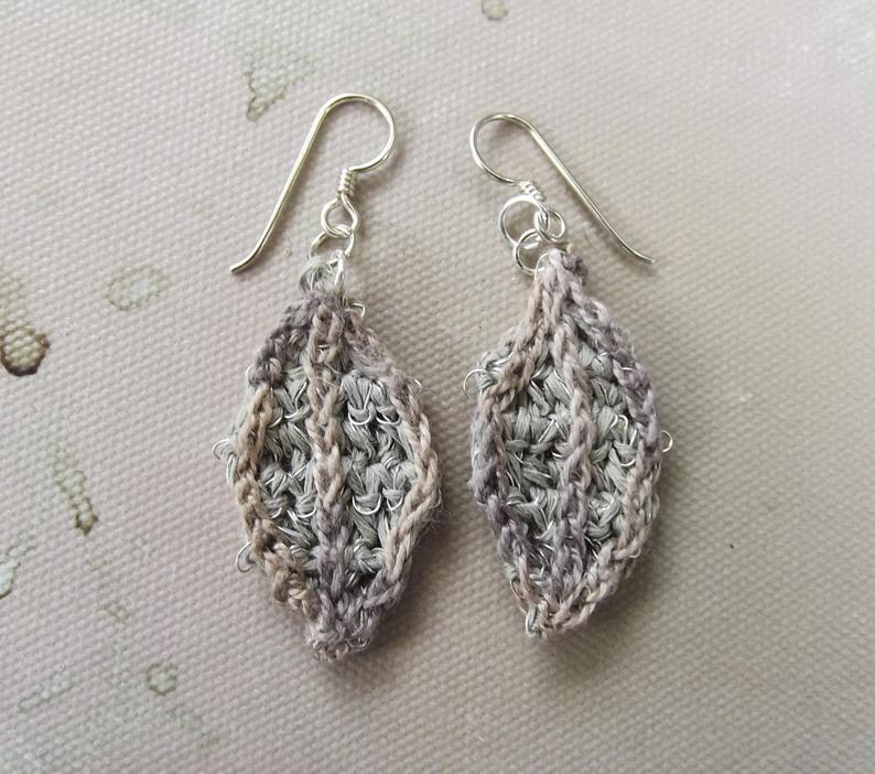 Tone on Tone Crochet Embroidered Leaf Earrings - Natural Shades - Beige Tan Taupe - Silver Wires - One of a Kind picture