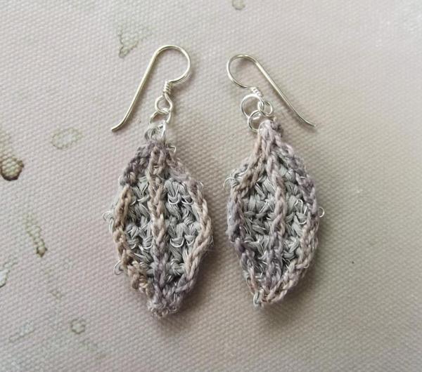 Tone on Tone Crochet Embroidered Leaf Earrings - Natural Shades - Beige Tan Taupe - Silver Wires - One of a Kind picture