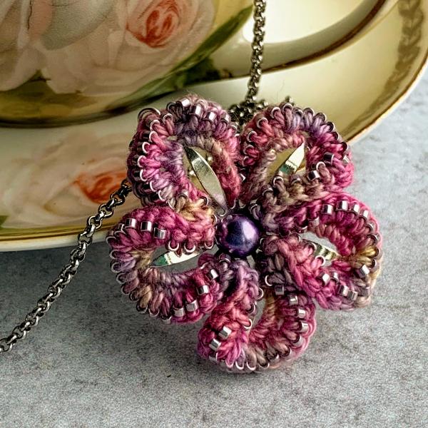 Cherry Blossoms Necklace - Mixed Media - Pink/Purple - 3 Crochet Embellished Silver Metal Flowers - Hand Dyed Cotton Thread - Glass Beads picture